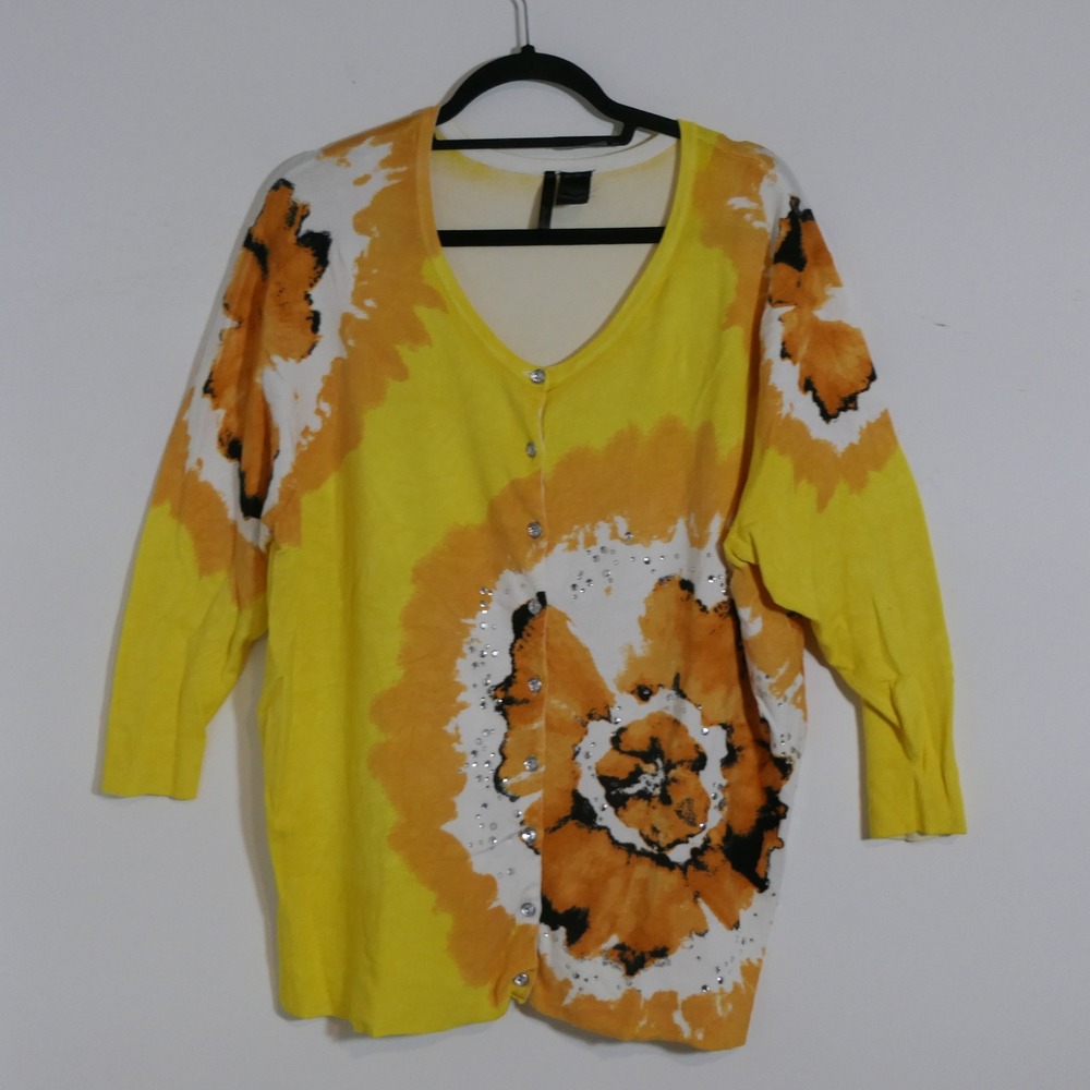 Due Options Women Cardigan 1X Yellow Tie Dye Rhinestone Embellished Art Sunburst